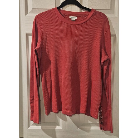 Sundance Tops - Sundance Thermal Waffle Knit Top Coral Velvet Cuff Button Sleeve Womens XL